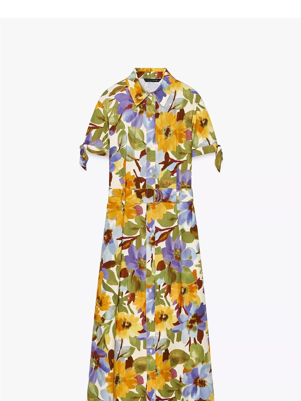 ZARA BELTED FLORAL PRINTED POPLIN MIDI SHIRT DRESS in Crème,Yellow, Blue & Green - Picture 5 of 6